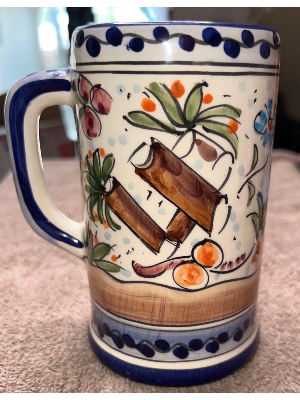 Hand-Painted Portuguese Ceramic Mug Floral & Fruit Motif Sec. XVII Marked Unique